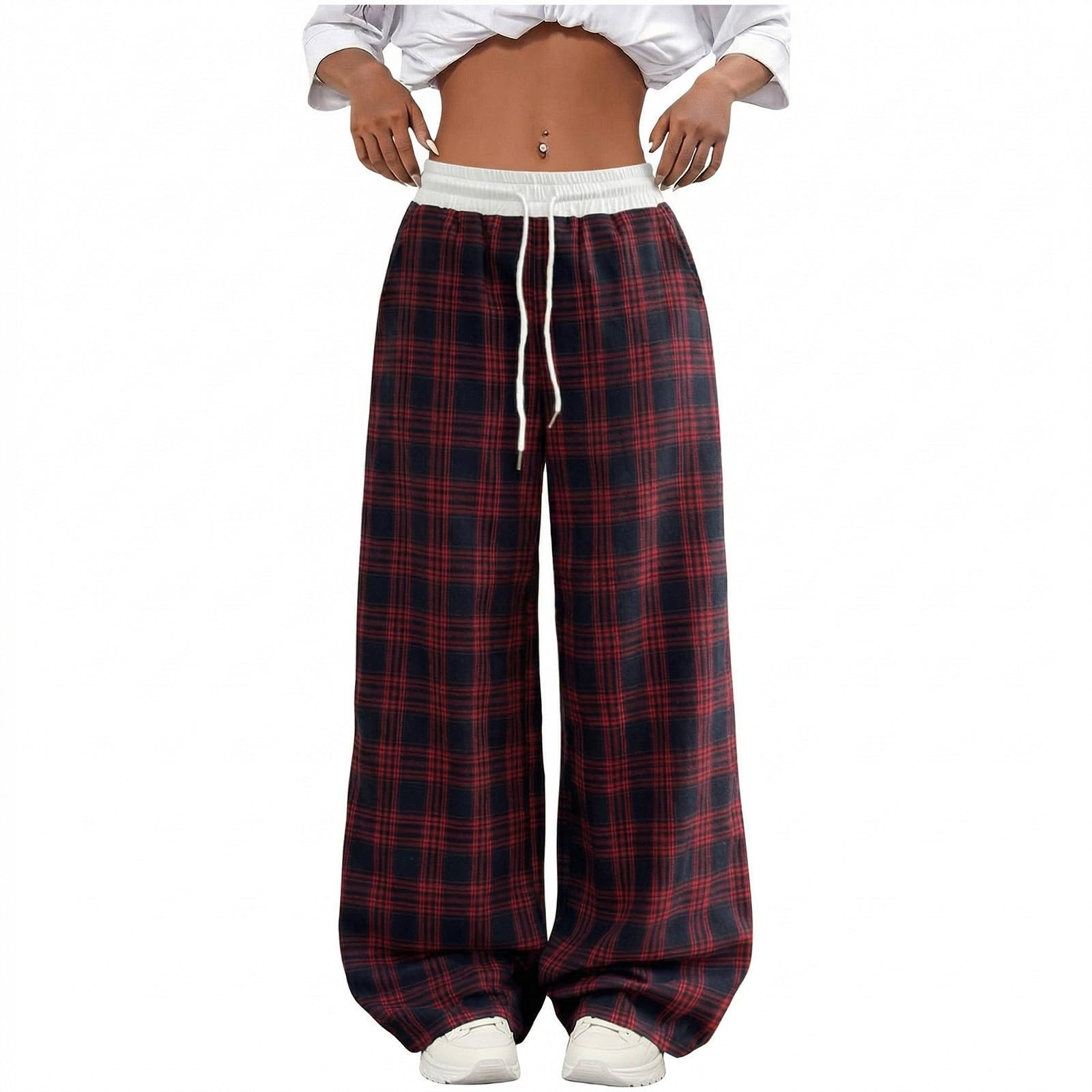 Linen Pants Women Summer Plus Size Patchwork Plaid Wide Leg Pants Baggy Lounge Trousers with Pockets Vintage Y2k Clothes — view 8
