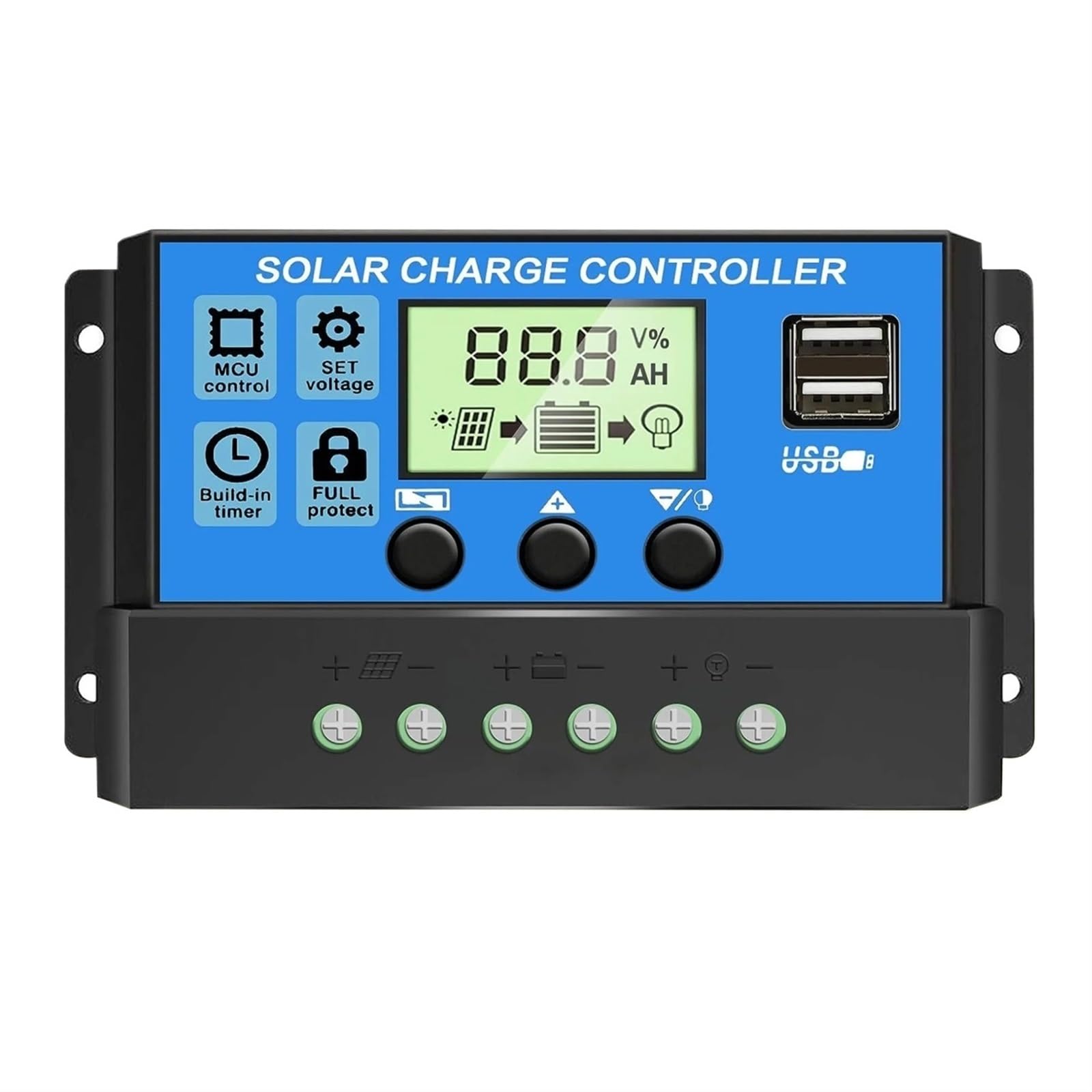 12V 24V 10A 20A 30A PWM Solar Charge Controller with Adjustable LCD Display, Dual USB Port, Automatic Timer Setting and Parameters(30A)