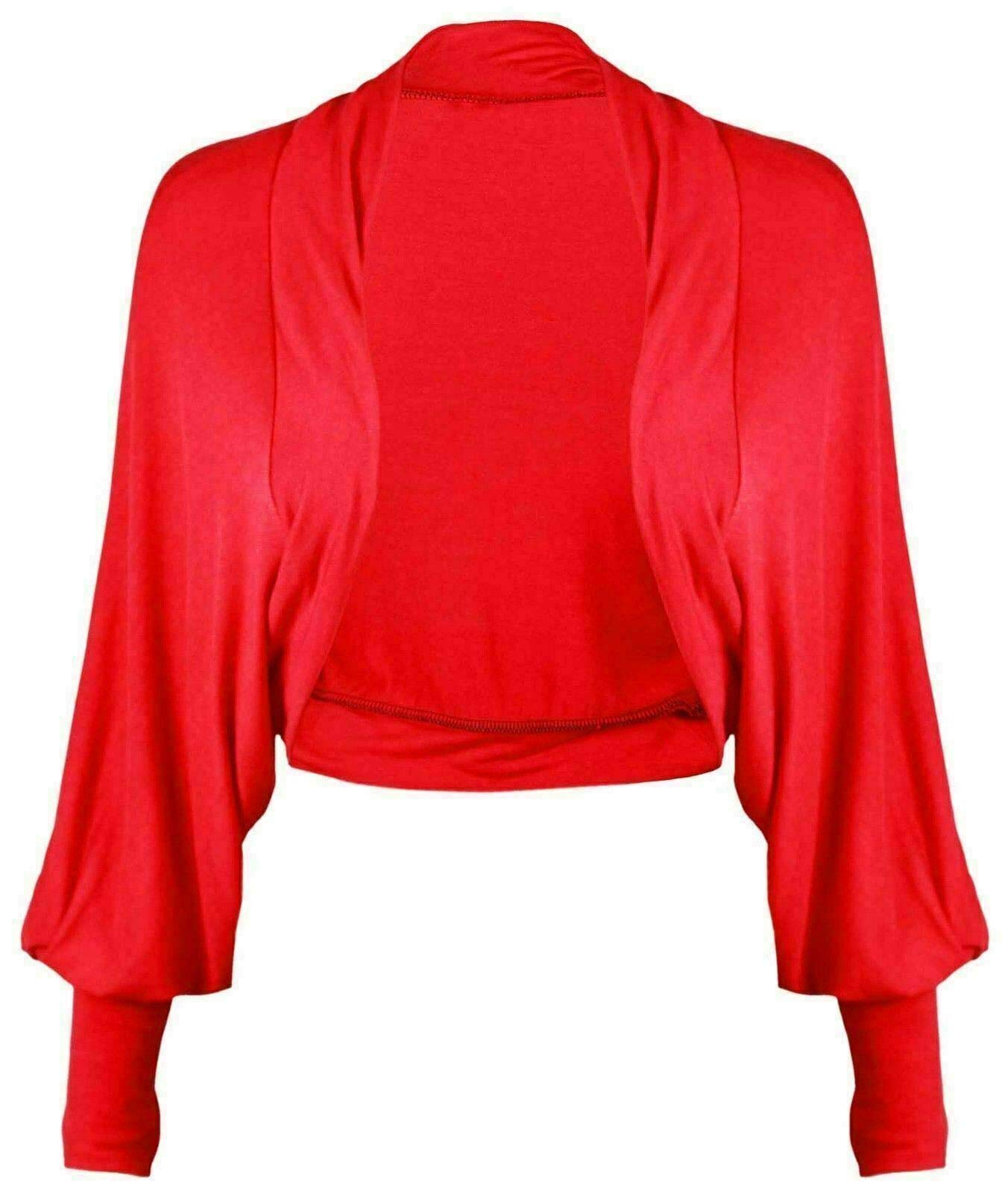 FAIRY BOUTIQUE Ladies Batwing Shrug Cropped Cardigan Long Sleeve Plain Jersey Bolero Top Cardigan (Red UK 8-10)
