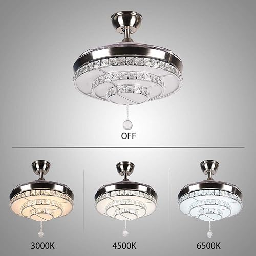 Miniatura 2 de Ventilador de techo de cristal de 42 pulgadas con aspas retráctiles cromadas modernas LED con control remoto, 3 cambios de color, 3 velocidades,