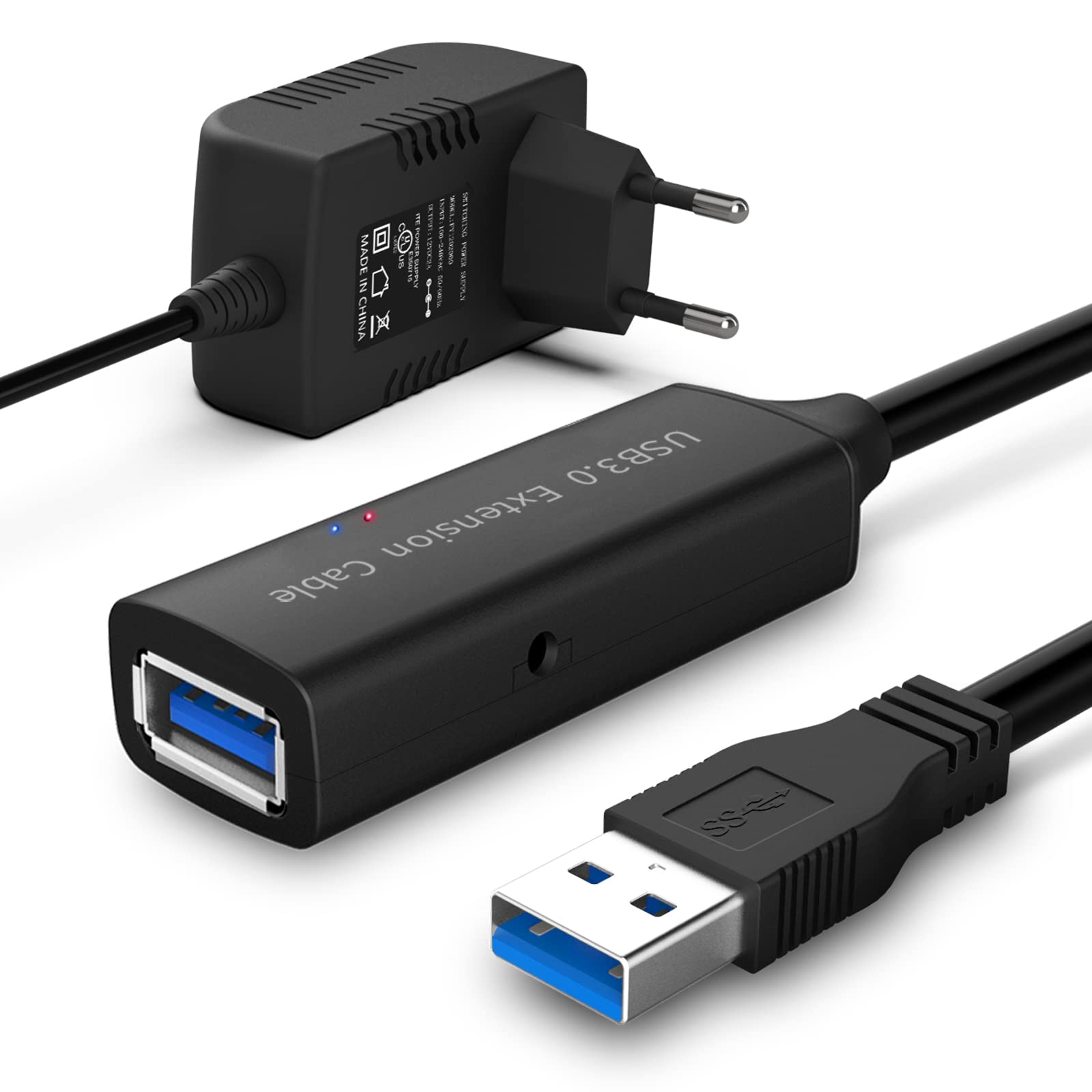 RSHTECH USB 3.0 Cable Extensión 15m con Amplificador de Señal y Fuente de Alimentación 5V - Macho A Hembra para Impresora, Escáner, Cámara y más | Cable de extensión USB 3.0 activo de 5 Gbps, con extensión, chipset, amplificador de señal, repetidor