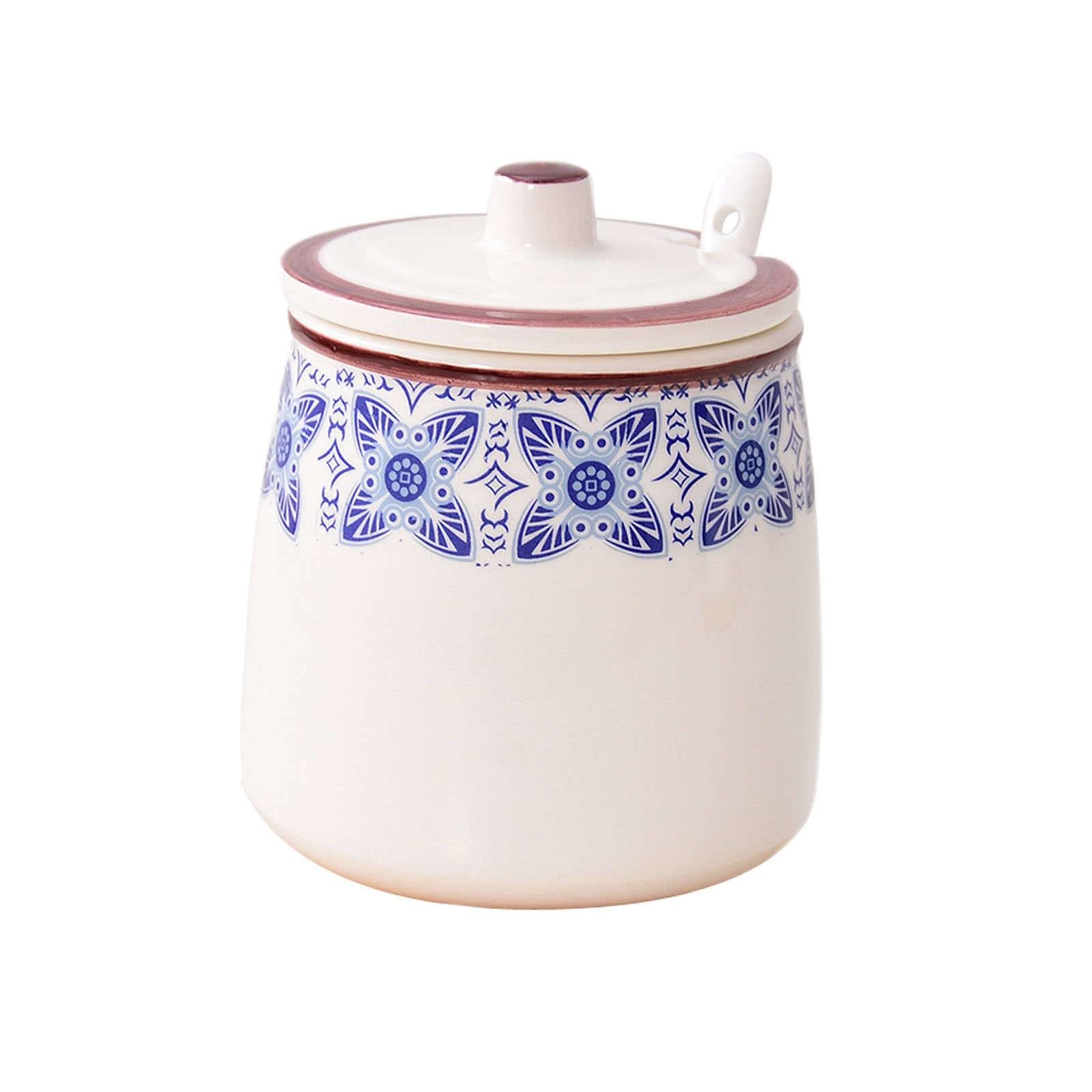 Keramik Zucker Teller Zucker, Zuckerdose mit Deckel und Löffel in Blau mit Blumenmuster, 430 ml (15 oz) Zuckervorratsdose aus Keramik, Zuckertopf aus Porzellan, for Kaffeebar, Restaurant(Blue1,1set)
