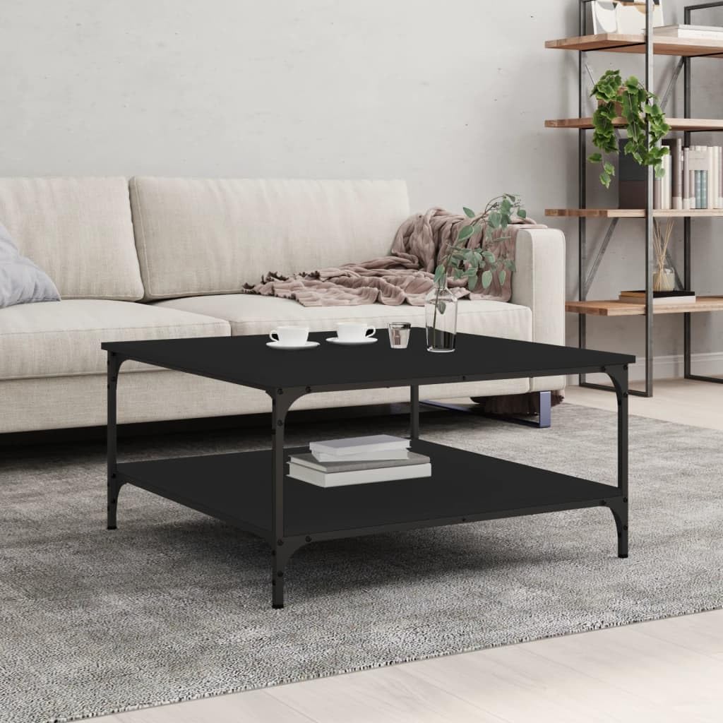 Mesa de centro negra (80 x 80 x 40 cm, de madera con marco de metal, diseño moderno con estante, resistente y duradero, para salón, dormitorio, ambiente elegante