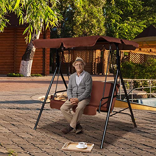 Image of Tangkula 2 Person Porch Swing, Outdoor Swing with Removable Cushions, Solid Steel Structure, Patio Swing with Adjustable Canopy for Porch, Backyard, Garden, Balcony