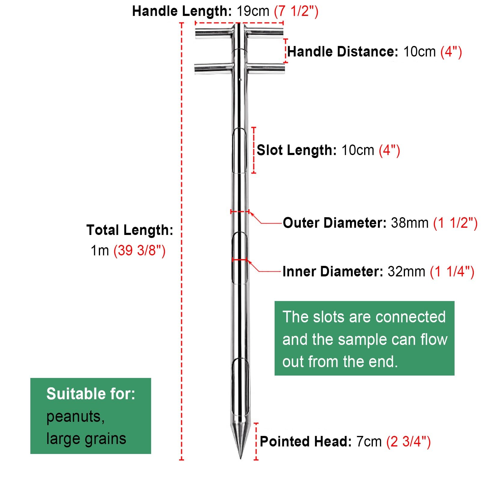 Sonda de muestreo de grano giratorio, herramienta de muestreo de doble capa para arroz, maíz, soja, tubo de muestra de partículas sólidas con doble mango, 38 mm de diámetro, 1 m de longitud