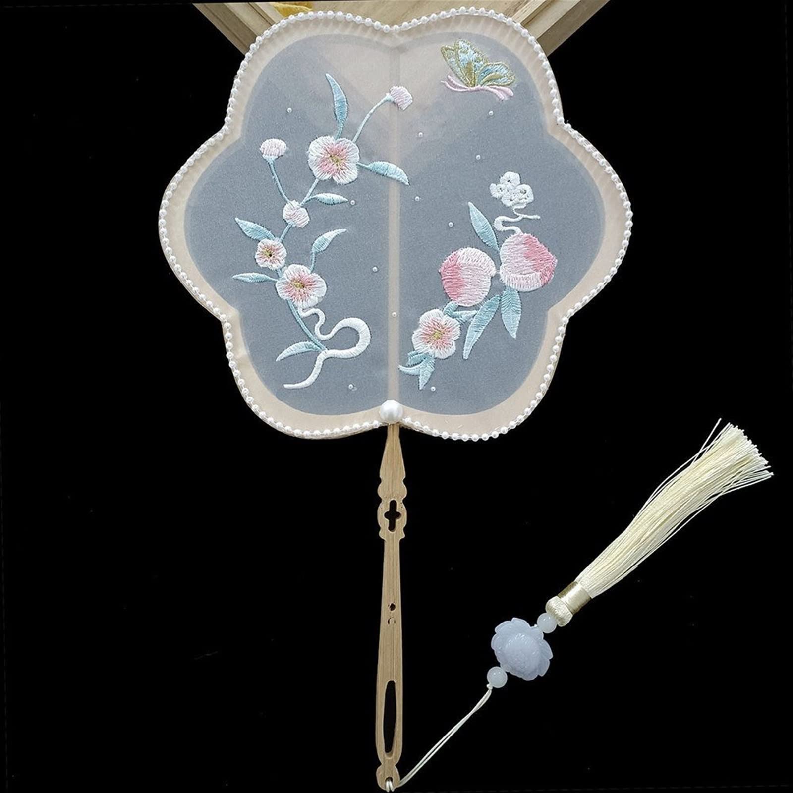 LKLNKVL folding fan, Folding Hand Fan - Chinese Style Embroidery Decoration Fans with Ancient Long Handle Tassel Clothing Cheongsam Dance Decorative(5)