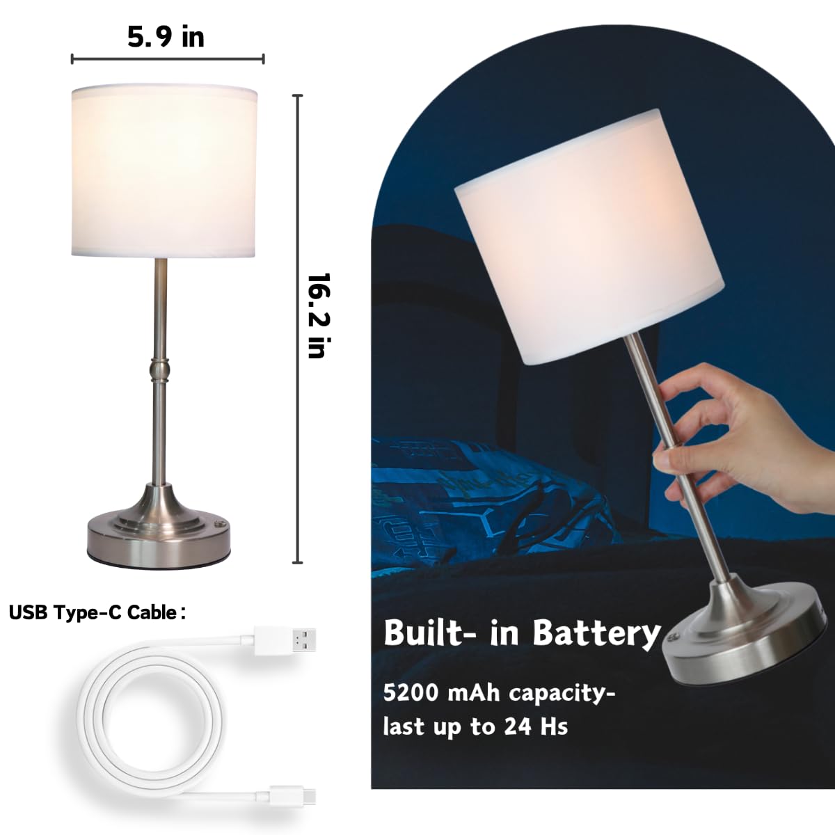 Lámpara de mesa recargable, lámparas táctiles inalámbricas, luz de escritorio portátil con brillo regulable continuo y pantalla de tela para mesita de noche, sala de estar (plata, recta)