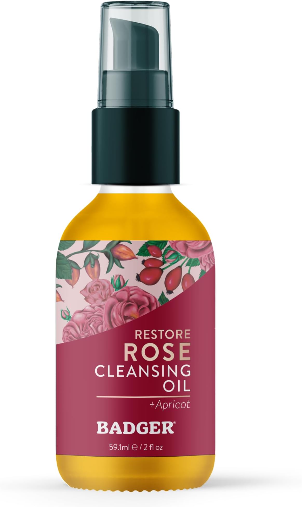 Badger Rose Face Cleansing Oil, Organic Facial Oil Cleanser & Makeup Remover, Oil Cleansing Method, Non-Greasy Moisturizing Skin Balancing Gentle Face Cleanser w/Pure Rose Oil, 2 fl oz Glass Bottle