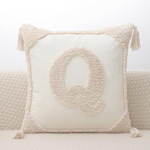 Miniatura 4 de Fundas de almohada con monograma y borlas de 18 x 18 pulgadas, fundas de almohada modernas de lona de algodón con letras del alfabeto J copetudo,