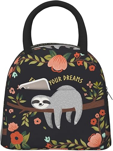 Duduho Bolsa de almuerzo con texto en inglés "Follow Your Dream", bolsa grande con diseño de perezoso, reutilizable, para mujeres, hombres, escuela,