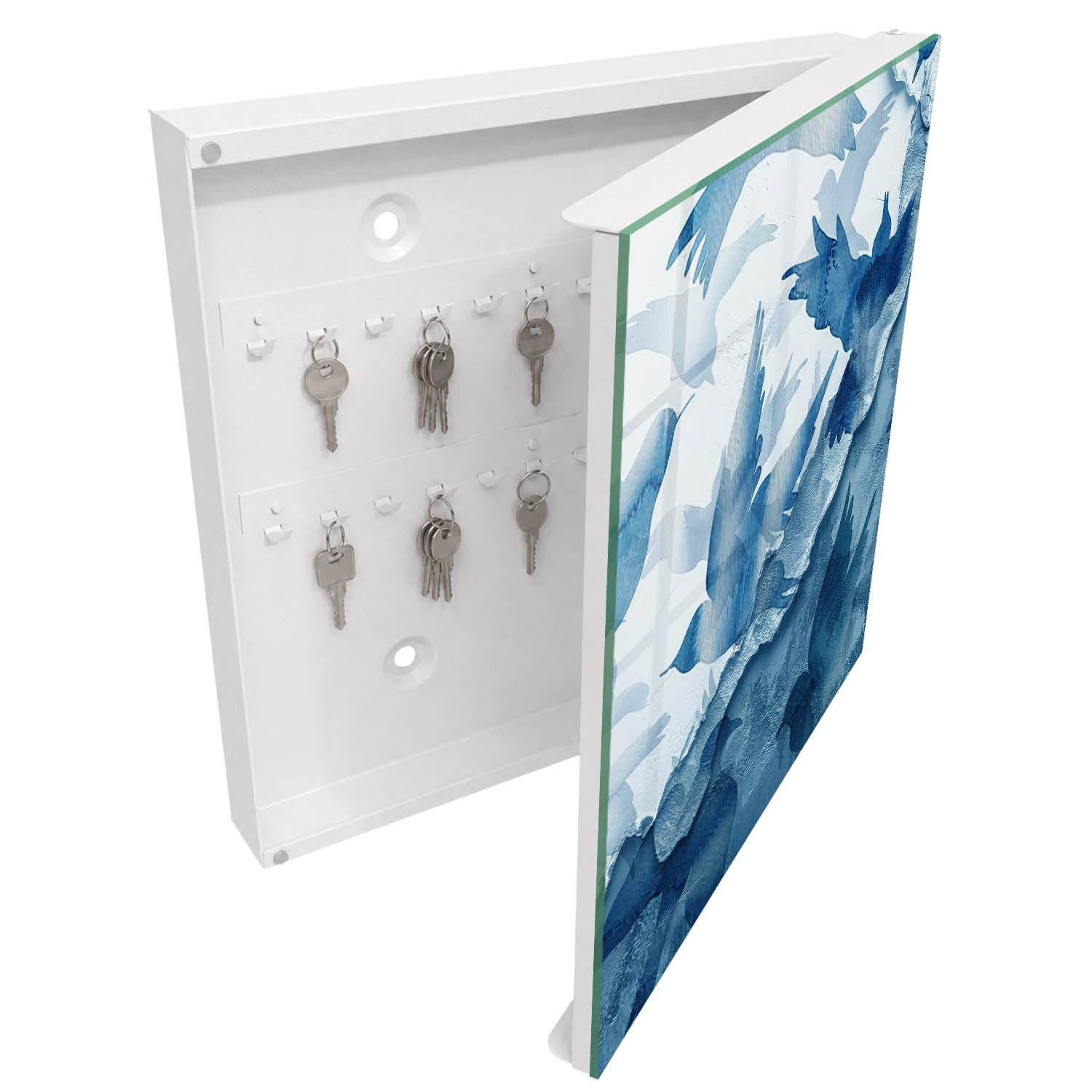 Armadietto Portachiavi 30x30 cm | Bianco | A Destra | Montaggio a Parete | Uccelli ad acquerello | in Metallo | per Uffici | Frontale Decorativo in Vetro Temperato | Tasselli e Viti Inclusi