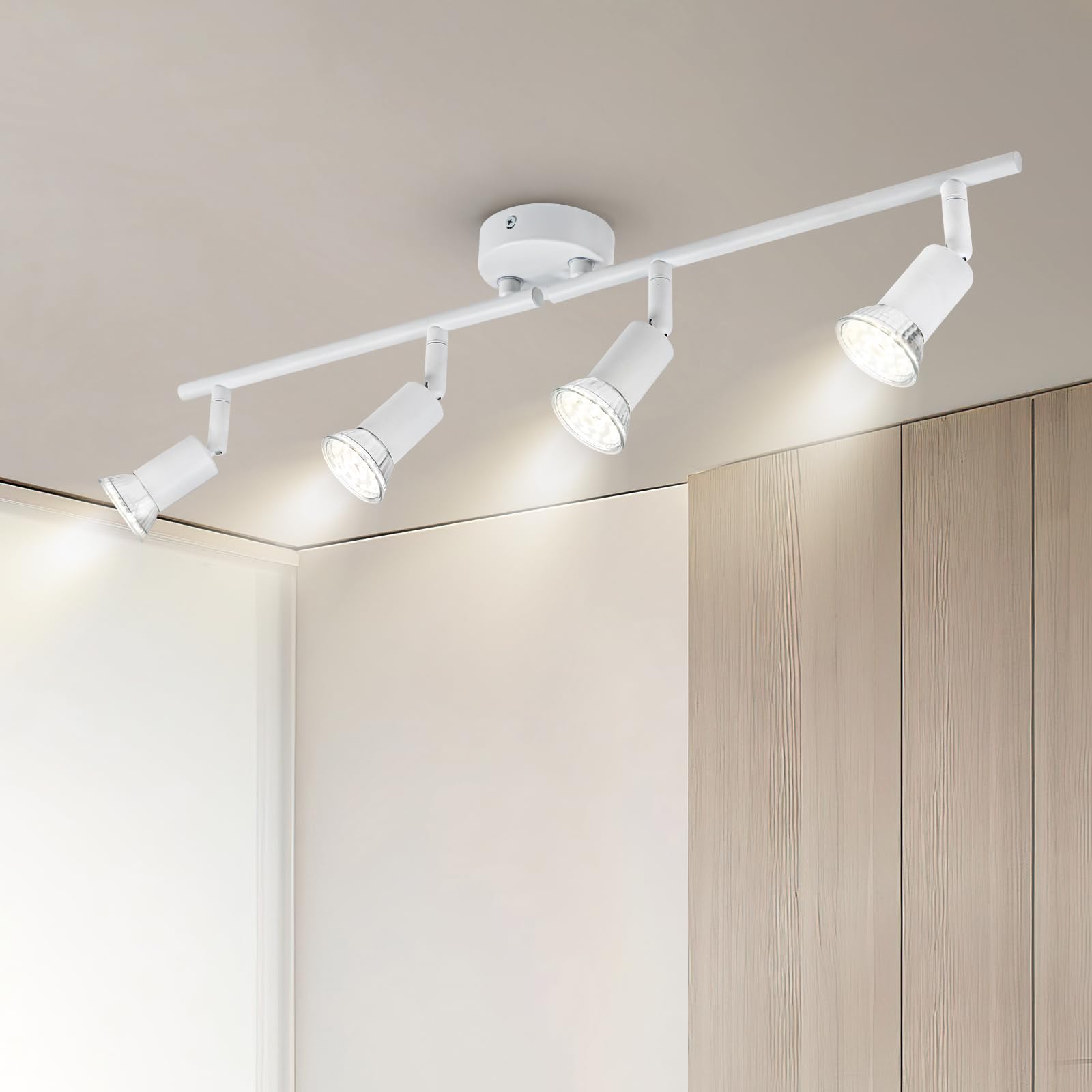 Doughelec Lámpara de Techo 4 Focos LED Orientable, Plafones de Techo GU10 Plafón Foco de techo Moderno Aplique Pared Interior Giratorios Para Cocina Pasillos Salón Dormitorios, Sin Bombilla Blanco