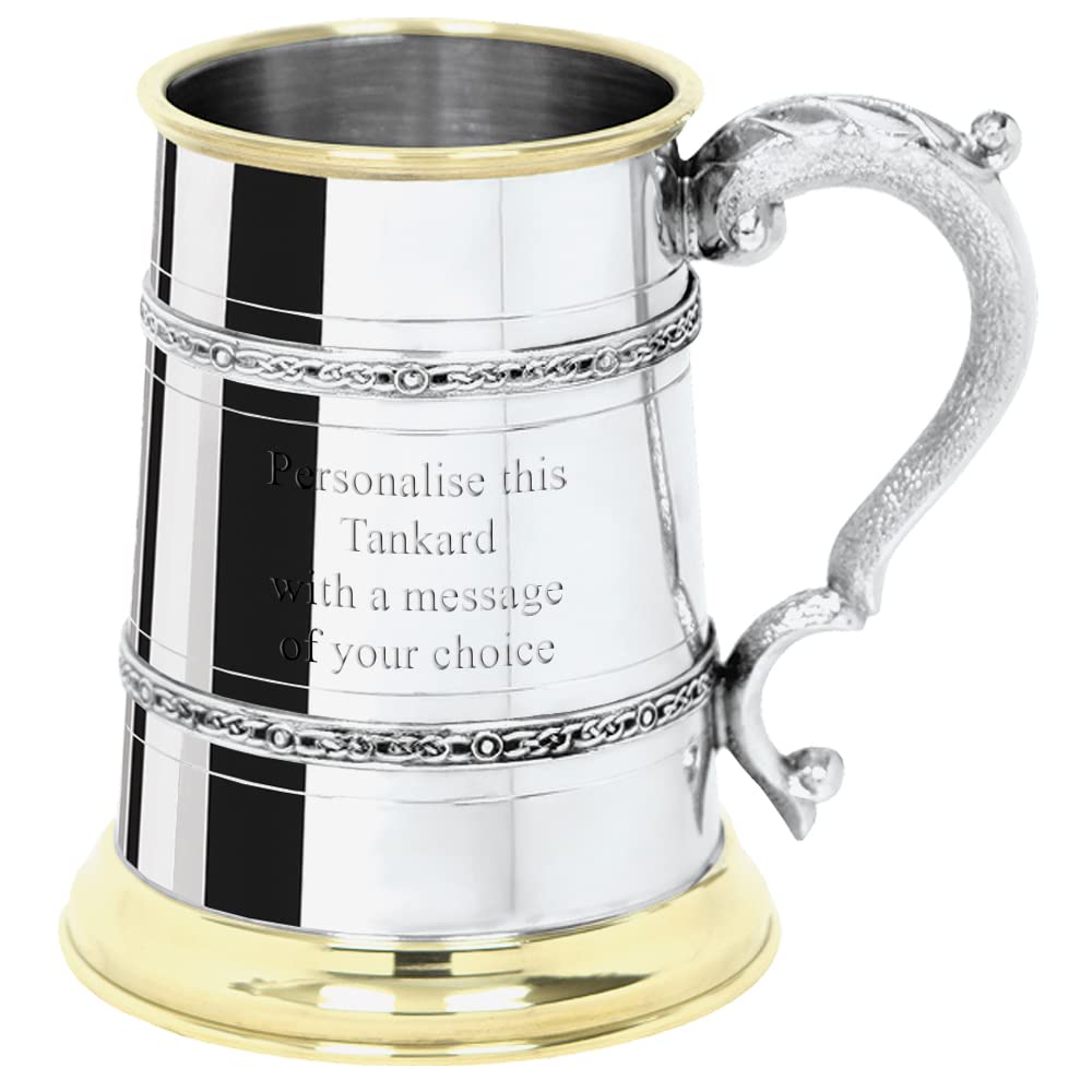 English Pewter Company 1 Pint Celtic Band Brass Lipped Pewter Tankard. Personalised with Free Engraving [EP152]