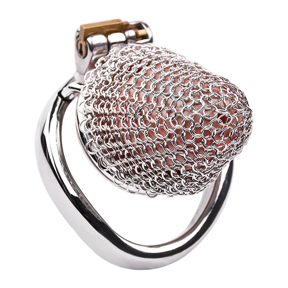 2023 Neu Mesh Atmungsaktiver Peniskäfig 5 Größen Mann Keuschheitskäfig Keuschheitsgürtel SM Bondage Cockringe mit Gürtel, Tragbar Cock Cage Fetisch Sexspielzeug für Männer (Gebogen/40mm, M)