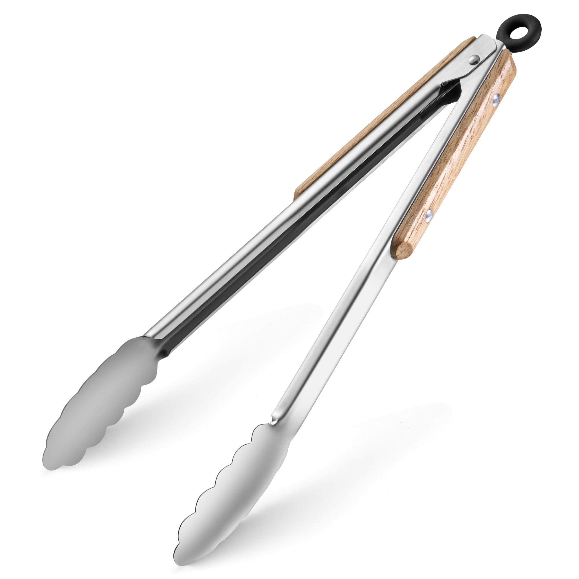 12-Inch Stainless Steel Kitchen Tongs with Oak Wood Handle,Heavy Duty