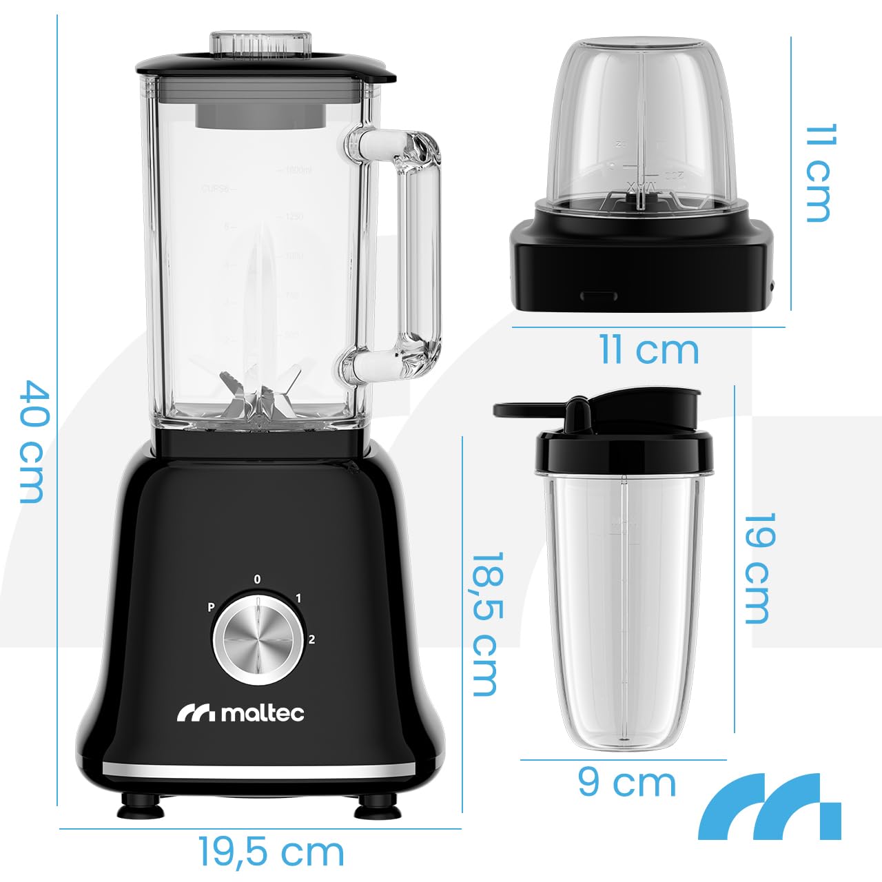 MalTec Standmixer Glas Smoothie Maker für Cocktails BL1800W Blender, Mühle,2 Bidons 1,6l Schwarz