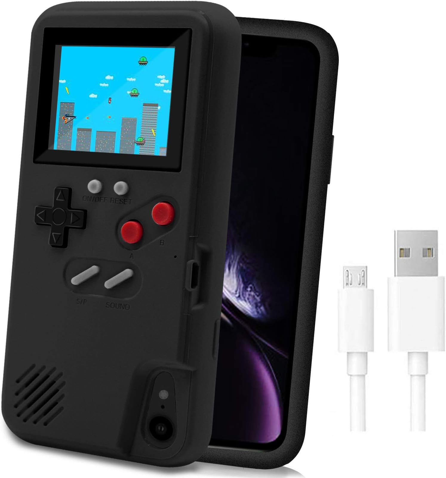 LucBuy Game Console Case Compatible for iPhone XR, Retro Protective Cover Self-Powered Case with 36 Small Games, Full Color Display, Shockproof Video Game Bumper ONLY for XR - Black