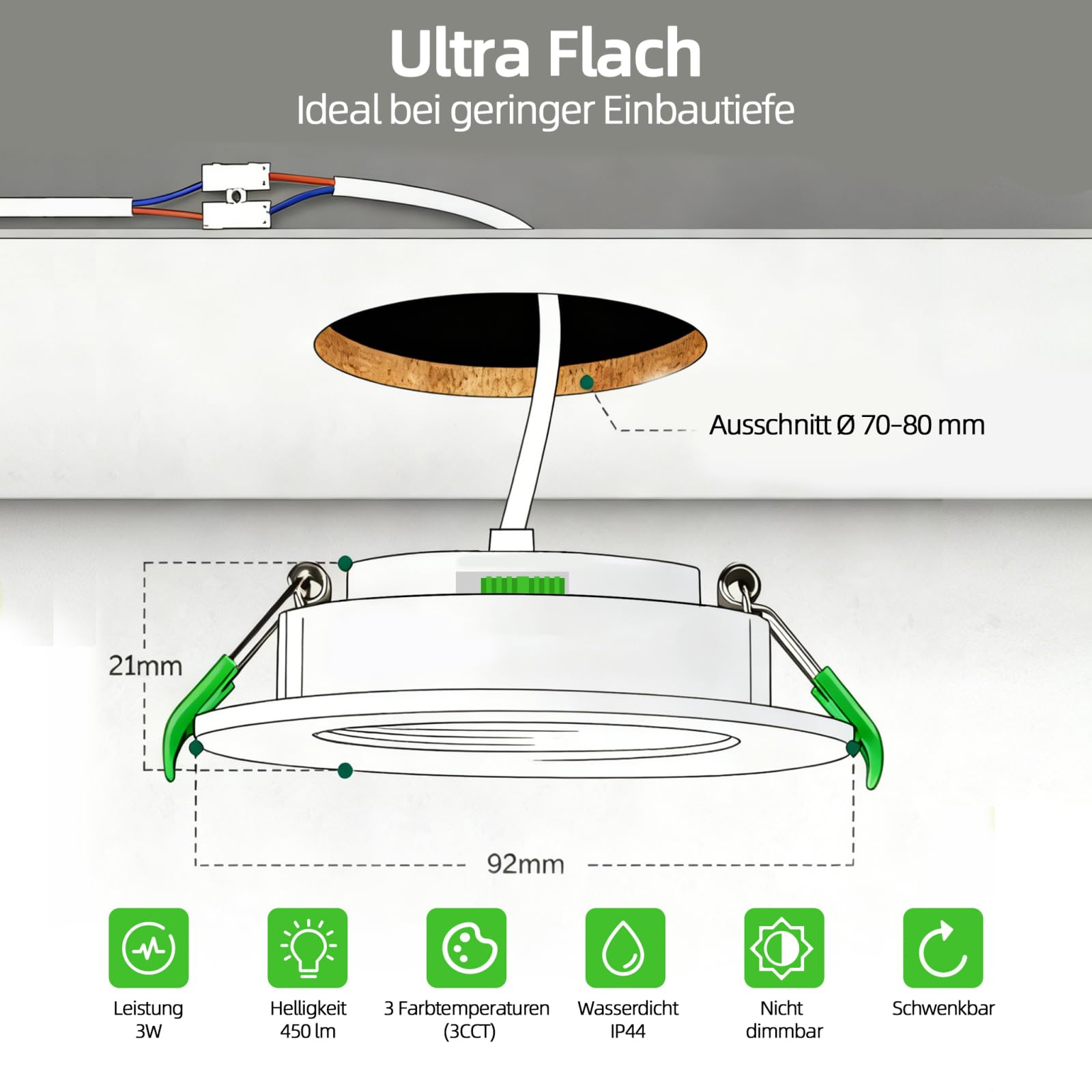LED Einbaustrahler 230V Schwenkbar, 3W LED Spots 450LM, Deckenspots Warmweiß 2700K Neutralweiß 4000K Kaltweiß 6000K, IP44 LED Spots Badezimmer & Deckenspots, Ø70–80mm Nicht Dimmbar 12er Set