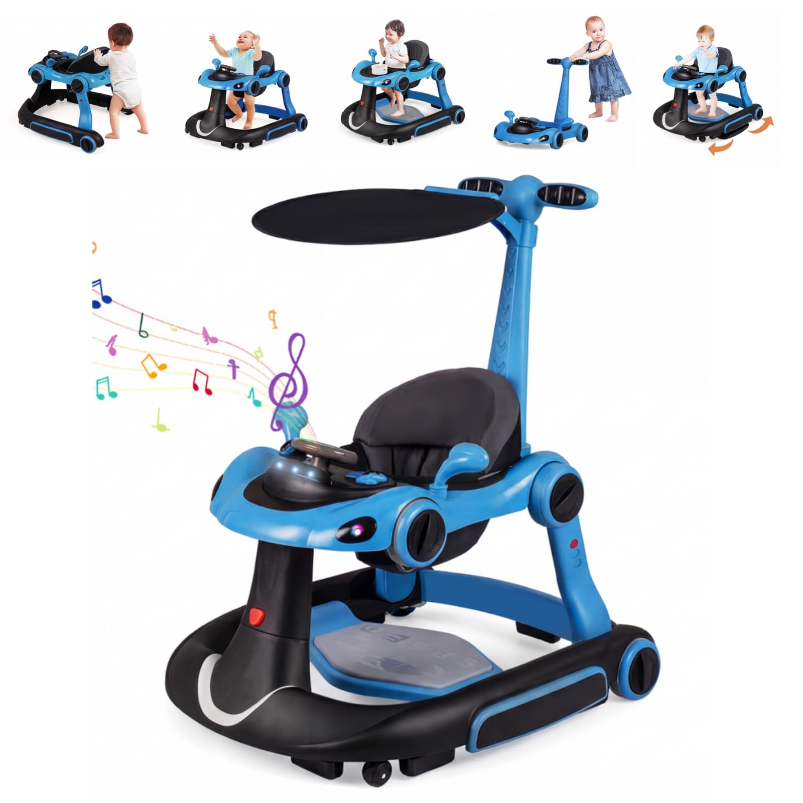 LIFEZEAL 6 in 1 girello per bambini con tettuccio, Girello Trasformabile, Pieghevole, altezza e velocità regolabili, Baby Walker con luce, musica, Portata 12 kg, per Bambini 7-18 Mesi (rosa) - 5