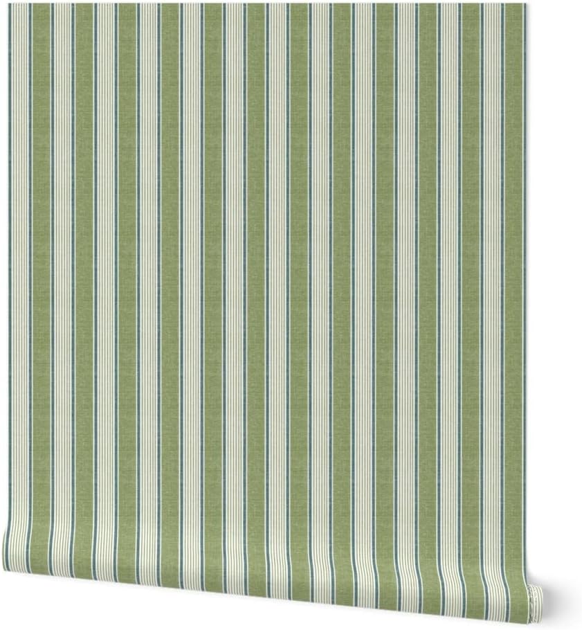 Peel & Stick Wallpaper Swatch - French Ticking Stripe Vertical Green Beige Vintage Faux Texture Custom Removable Wallpaper by Spoonflower