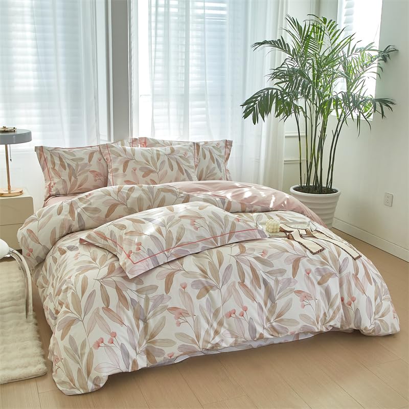 Funda nórdica floral de 3 piezas, 280 x 240 cm, con 2 fundas de almohada de 65 x 65 cm, diseño de hojas, 280 x 240 cm, microfibra suave y transpirable