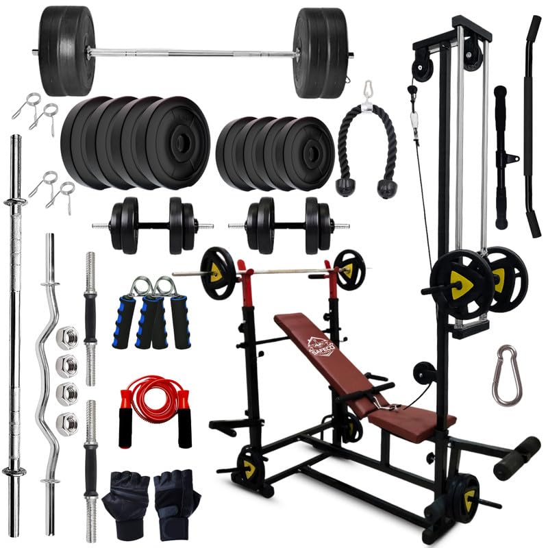 10KG PVC Plates Combo with 20-in-1 Adjustable Bench with U-Hook, Lat Pulldown, Curl Rod, Straight Bar, Dumbbells, Skipping Rope, Gloves & Gripper – Home Gym Fitness Kit-image-38