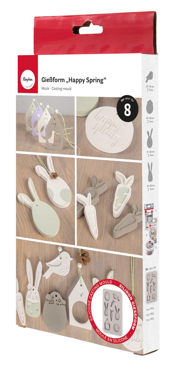 Rayher Silicone Casting Mould, Casting Tray with 8 Different Spring Themed Shapes for Concrete, Plaster of Paris, Modelling Clay, and Resin, 26x14.5x1cm, grey, 36137000