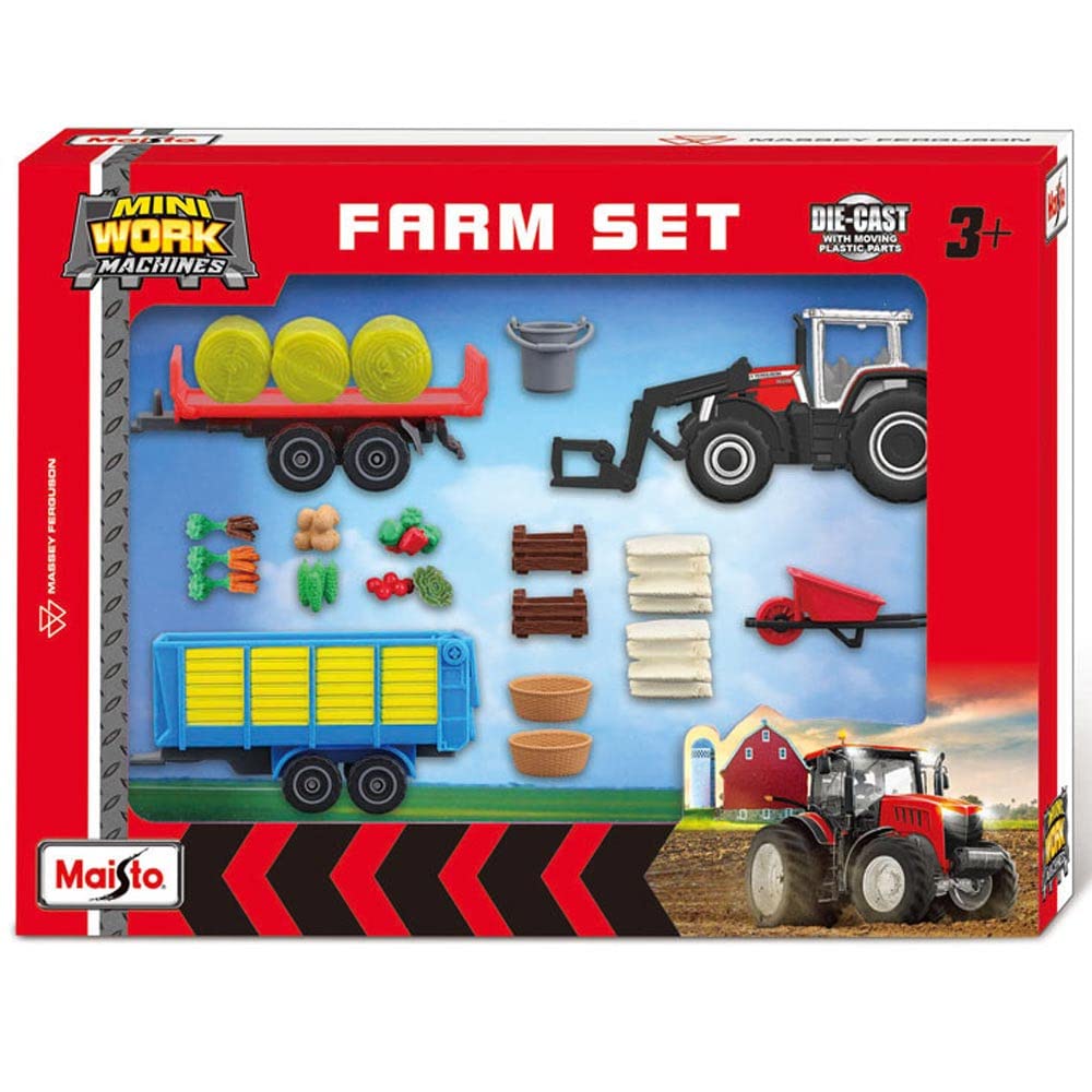 Maisto Mini Working Machines FARM SET MASSEY FERGUSON – Incredibly Detailed Die-Cast Replica Collectible Model, Red