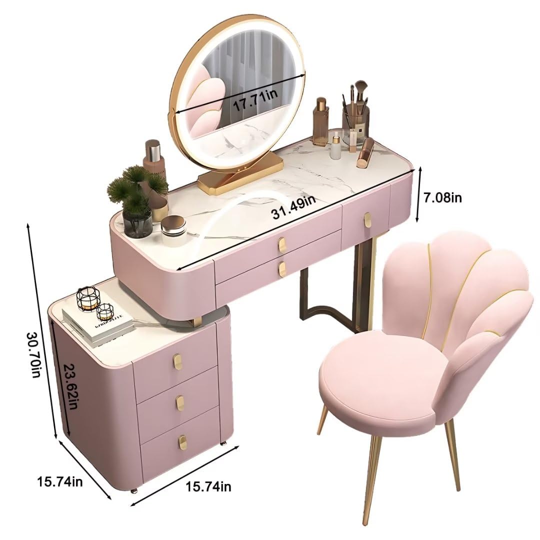 Elegancki drewniany zestaw kosmetyczny do makijażu z łupkowym blatem 6 szufladami krzesło w kształcie kwiatu i lustro szary i różowy dla dziewcząt 100 cm (Rosa 80 cm) idealny do stylowych sypialni