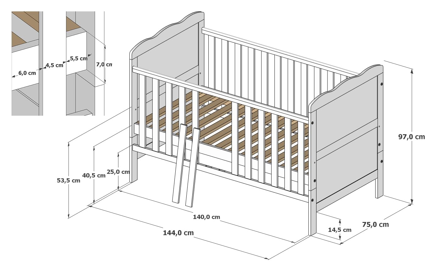zee Cuna Bebé Blanca 140x70 Isabel 2 en 1 con Cajones