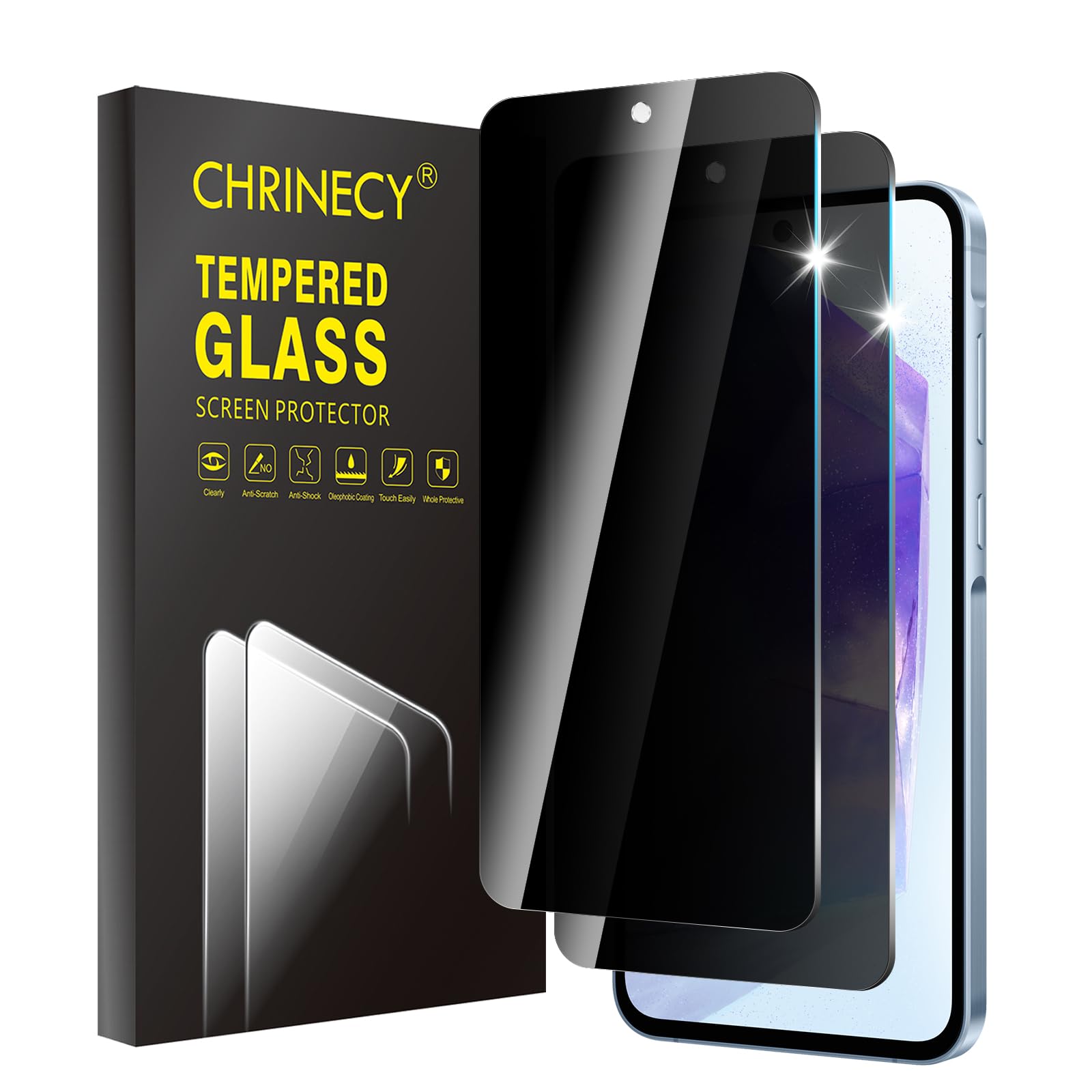 CHRINECY 2 Pack Privacy Screen Protector for Samsung Galaxy A55 5G, Double Protection Tempered Glass Film, 9H Hardness, Anti-Scratch, Easy Installation, Anti Spy Anti Peeping