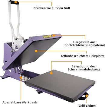 Heat Press Machine for T Shirt, 38x38cm Sublimation Transfer Vinyl Printing | 15x15 Press, T-Shirt Printer, Sublimation Printing on Fabrics, DIY Personalization, Slide Out Base Plate, UK Plug, Purple