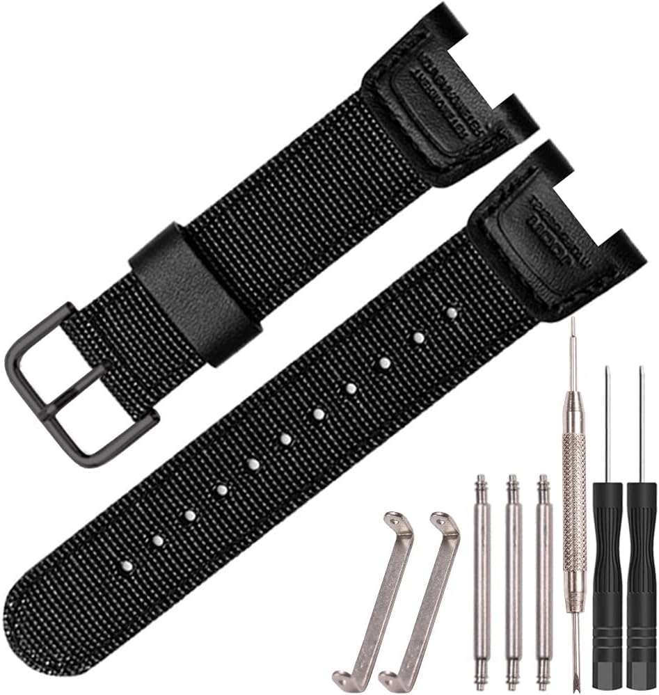 24mm Nylon Leather Watch Strap Compatible with Casio SGW-100 SGW100 Twin Sensor GW-3000 Men's Sport Watch Black Replacement Band