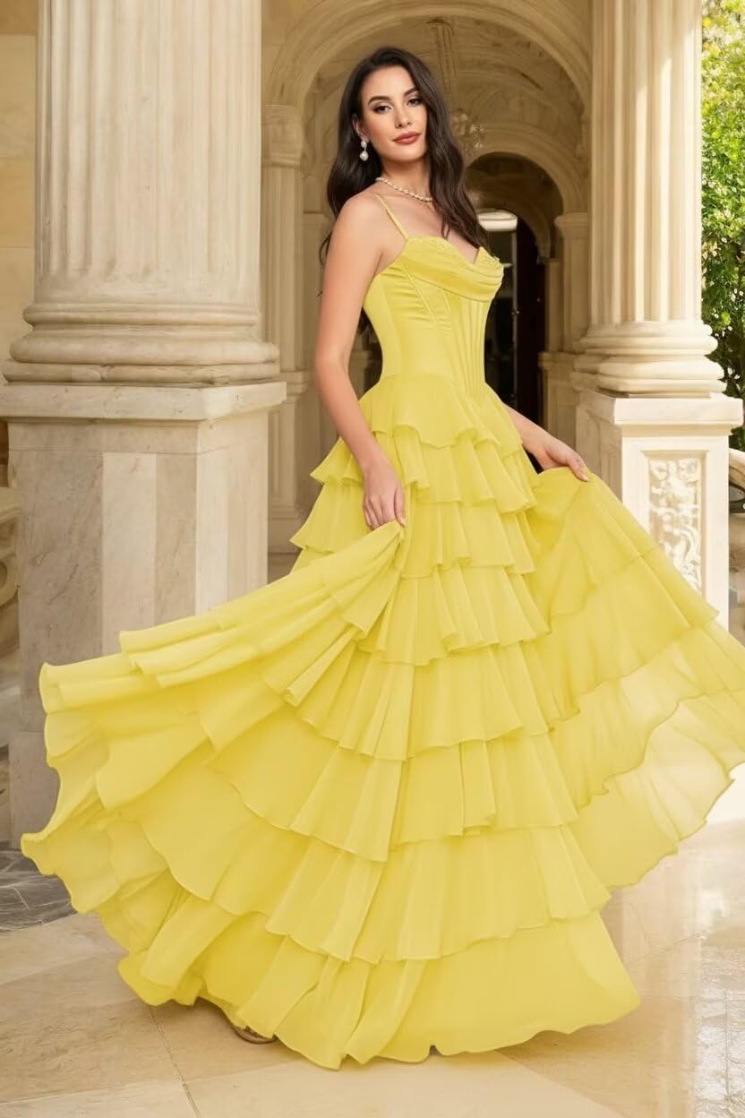 Tiered Ruffles Prom Dresses for Women Sleeveless Corset Long Evening Party Dress with Side Split Chiffon Formal CSM75