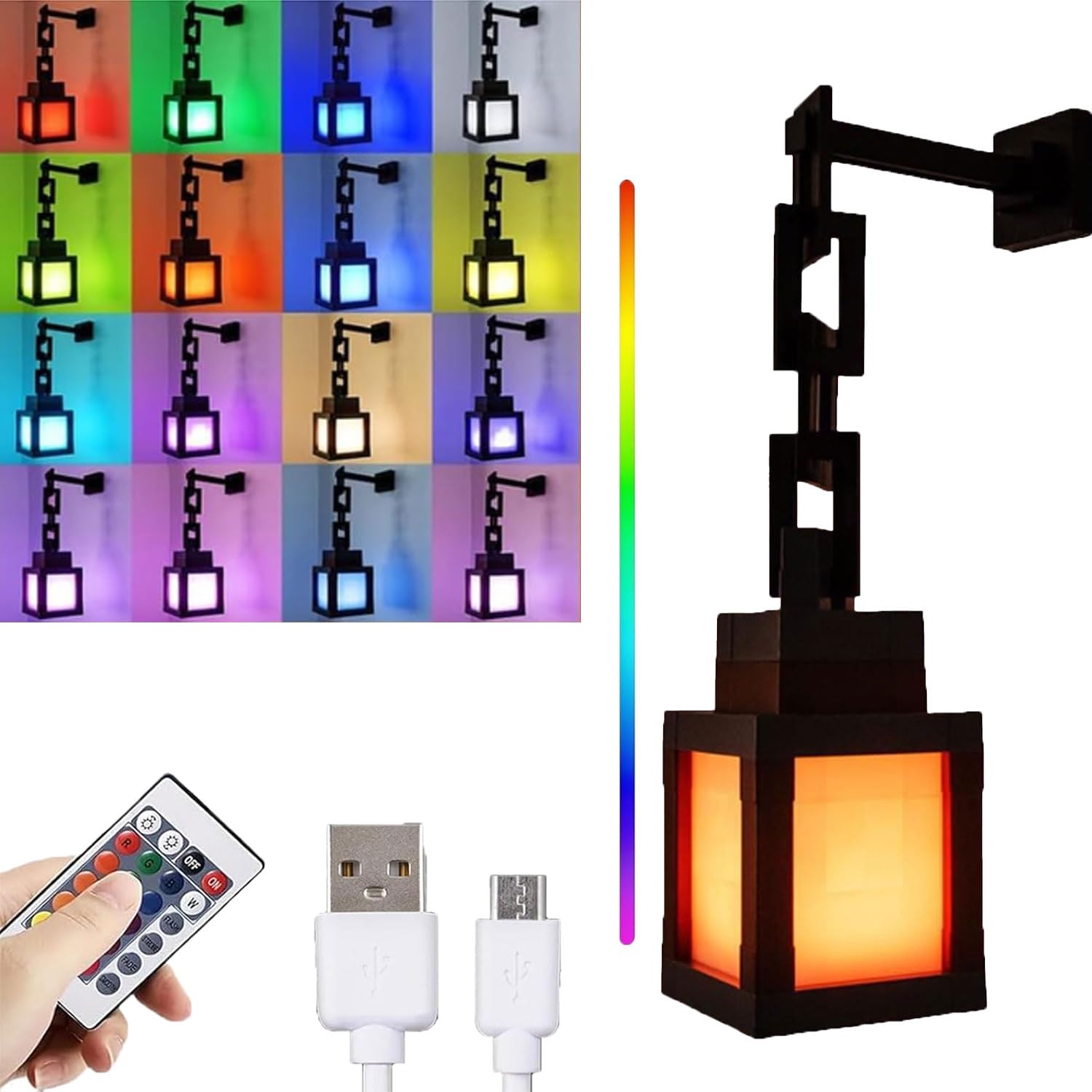 Linterna nocturna pixelada, luz decorativa LED de 16 colores que cambian de color, recargable por USB, luz nocturna de pared con control remoto, decoración de dormitorio para niños