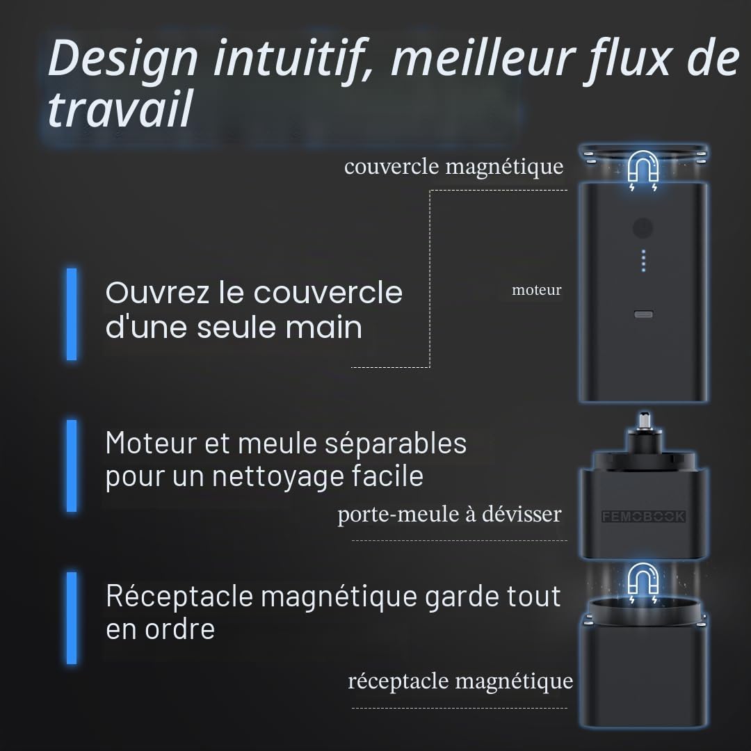 Moulin à café électrique A2 - Noir - Rechargeable - Sans fil - Moulin électrique portable - Pour l'extérieur - Démontage sans outil