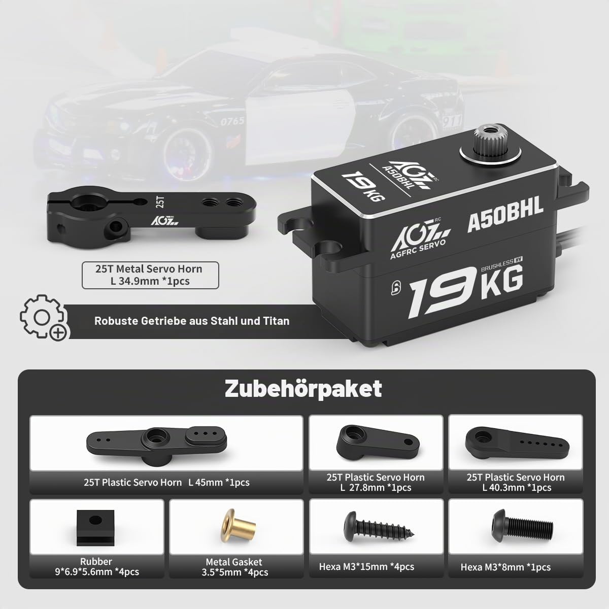 AGFRC 19 kg Low-Profile-programmierbarer RC-Lenk-Servo – 0,073 Sekunden Hochgeschwindigkeits-Vollmetallgetriebe, bürstenloser schwarzer Servo mit 25T Metall-Servohorn für 1/10 RC Drift-Auto