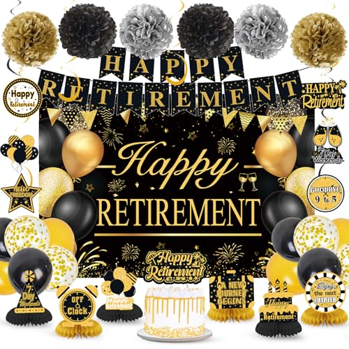 Retirement Party Decorations for Men Women Black Gold Happy Retirement Banner Backdrop Balloons Paper Pompoms Honeycomb Centerpiece Cake Topper Hanging Swirl Set