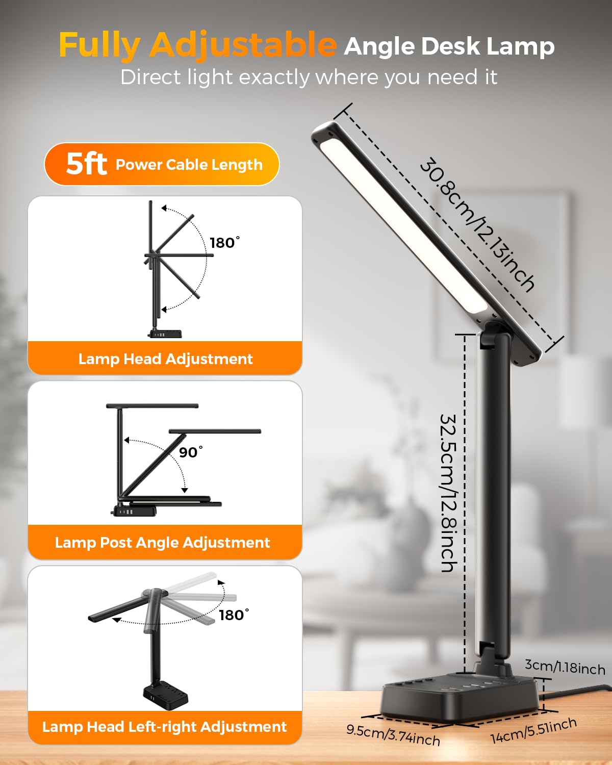 Airlonv LED Desk Lamp for Office Home, Power Strip with 3 Outlets 4 USB Charging Ports(2 USBC), 4 Modes 5 Level Brightness Desk Light, Small Desk Lamp for College Dorm Room Essentials view 4
