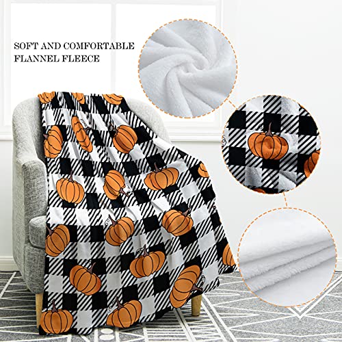 Jekeno Pumpkin Blanket Buffalo Plaid Gifts for Women Kids Girls Men Home Bedroom Living Room Decor Soft Cozy Fall Harvest Thanksgiving Halloween Throw Blanket Black and White Check 50"x60"