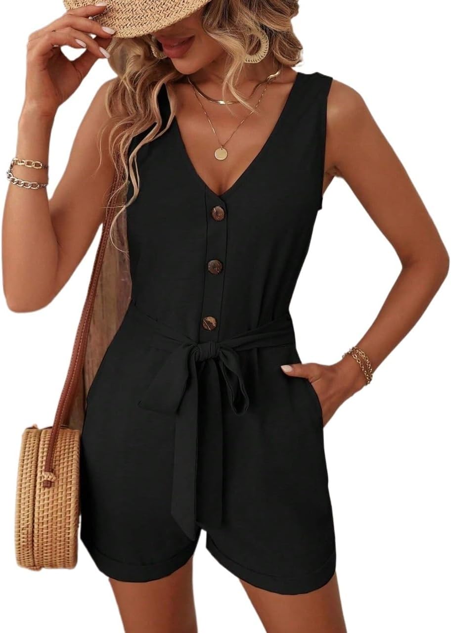Rompers for Women Summer 2026 Button Front Slant Pocket Belted Tank Romper