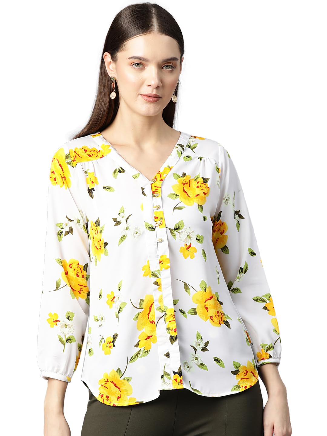 Women's Pink Printed Top V-Neck Button Standard Length 3/4 Sleeve Polyester Western Casual and Office Wear for Women and Girls-image-12