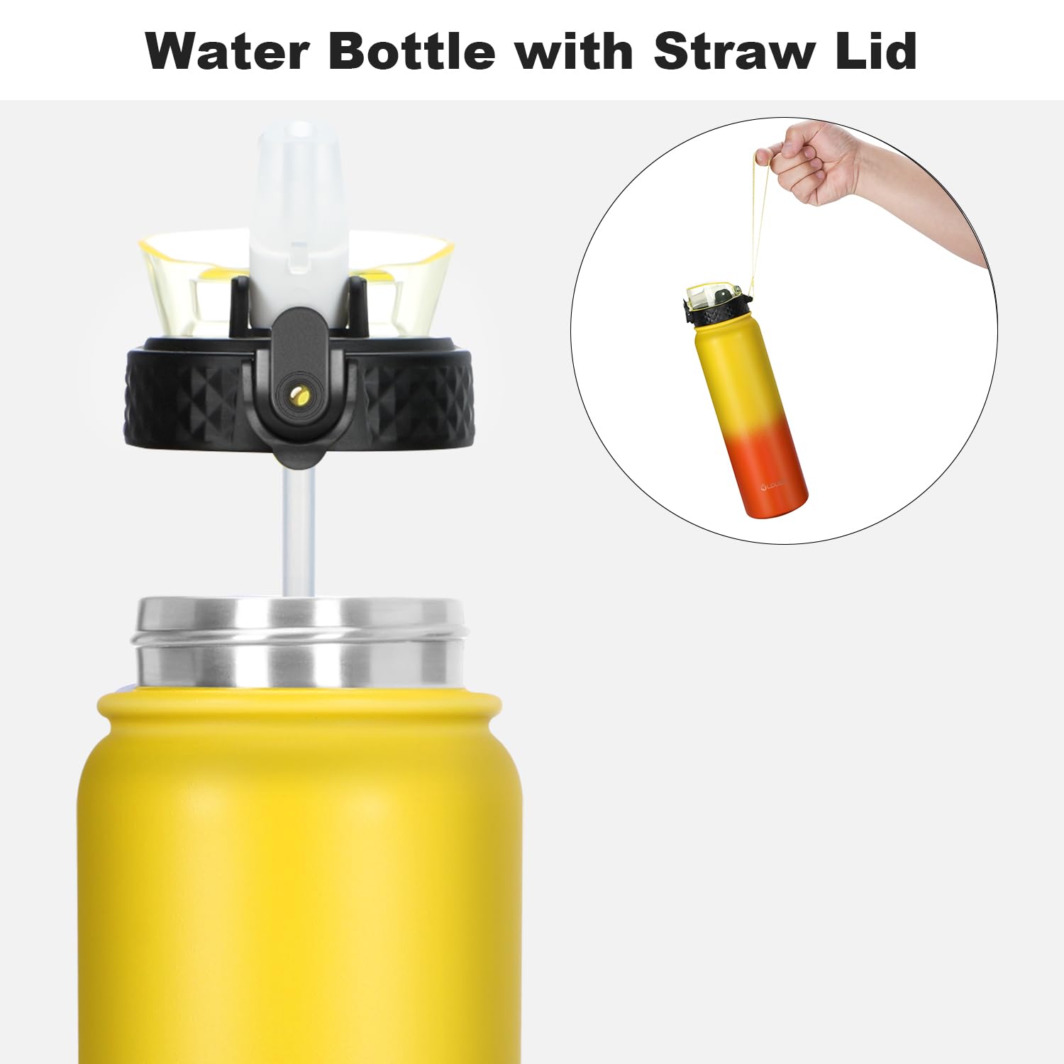 OLDLEY Stainless Steel Water Bottle with Straw 1L Vaccum Insulated Large Drink Flask Metal Water Bottles 1 Litre Leakproof Keep Drinks Hot Cold for Sports Gym Bike Adult(Yellow Orange - Image 2