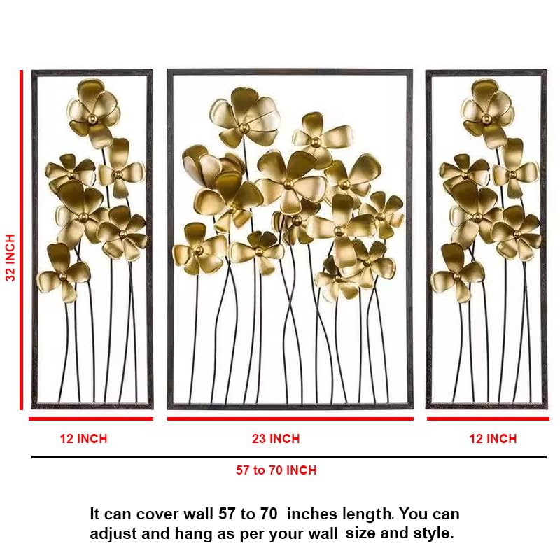 Image of ZOVE Creative Wall Decoration - Set of 3 Metal Lilac Gold Flower Wall Hanging | luxury Metal Wall Sculpture for Entrance, Bedroom, Corridor (Gold, 57 X 32 Inch)