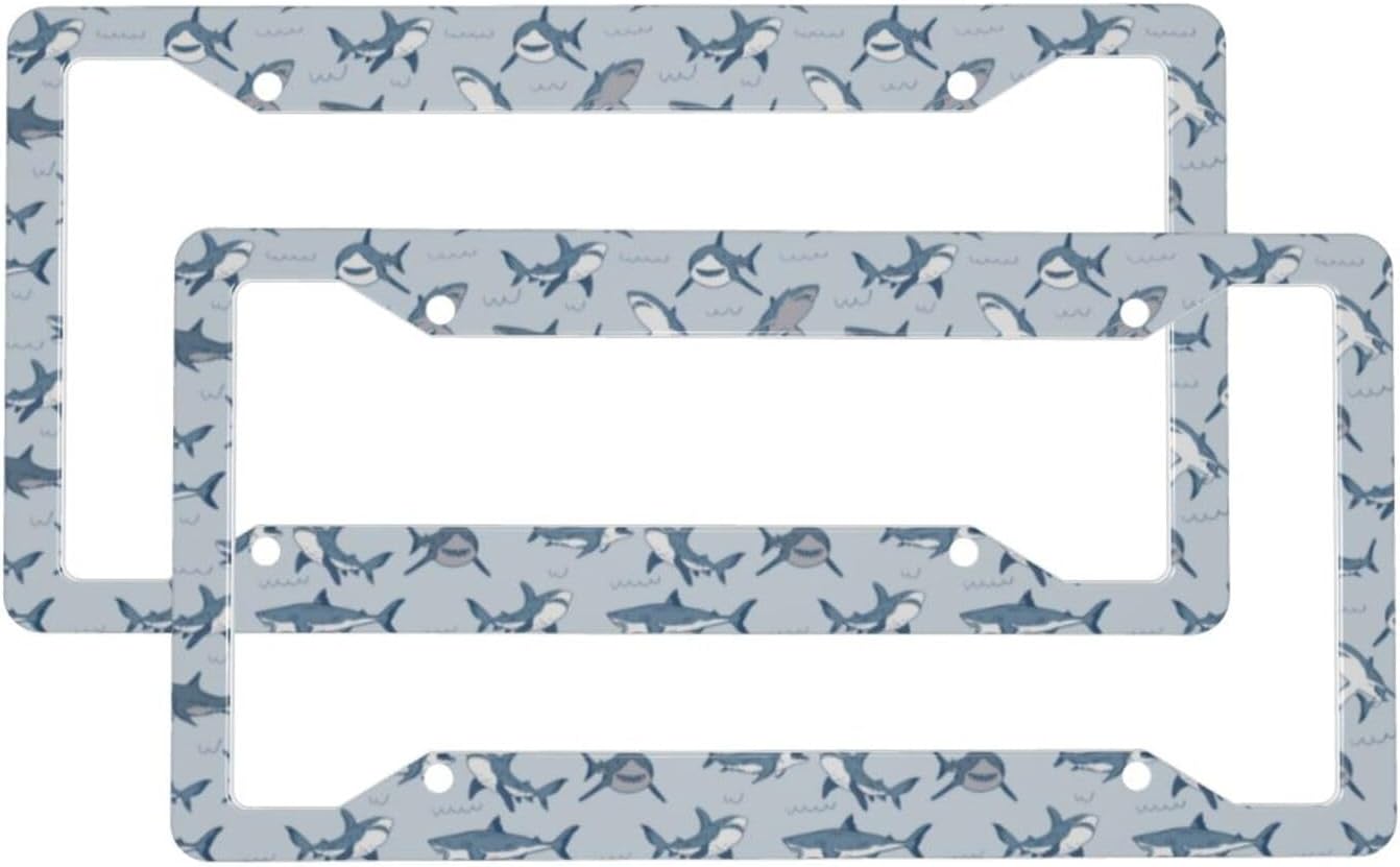 Sharks Sea Animal License Plate Frames for Women Men Universal License Plate Cover Auto Decorative Solid Rust-Proof Aluminum Car Tag Holder with 2 Holes and Screws Car Accessories 2 Pack