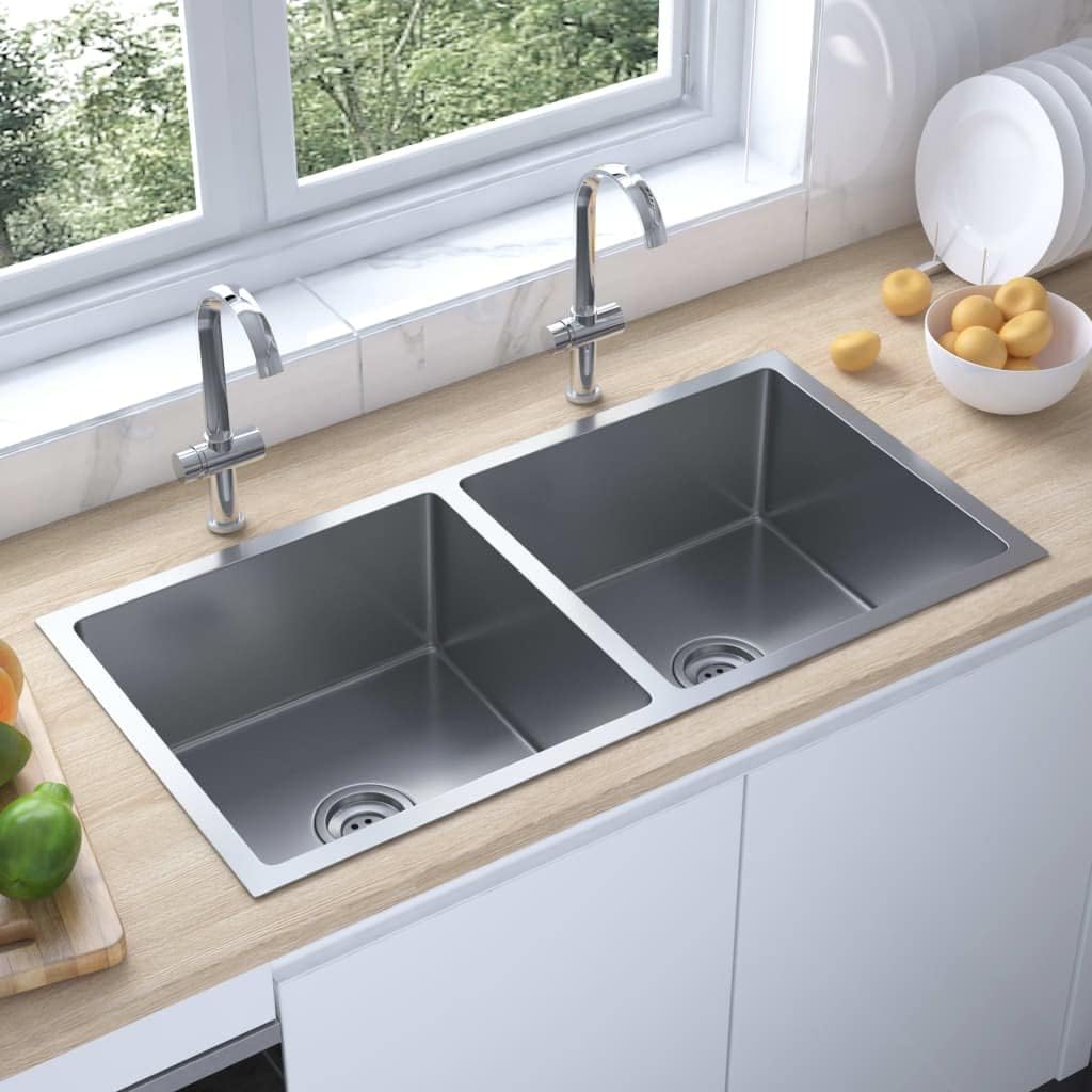 Double Bowl Undermount Stainless Steel Kitchen Sink with Sound-Reduction Pads, Bathroom Sink Hand Sink, Under/Over Counter Kitchen Sink Basin, Silver 34.1" x 17.3" x 7.9"