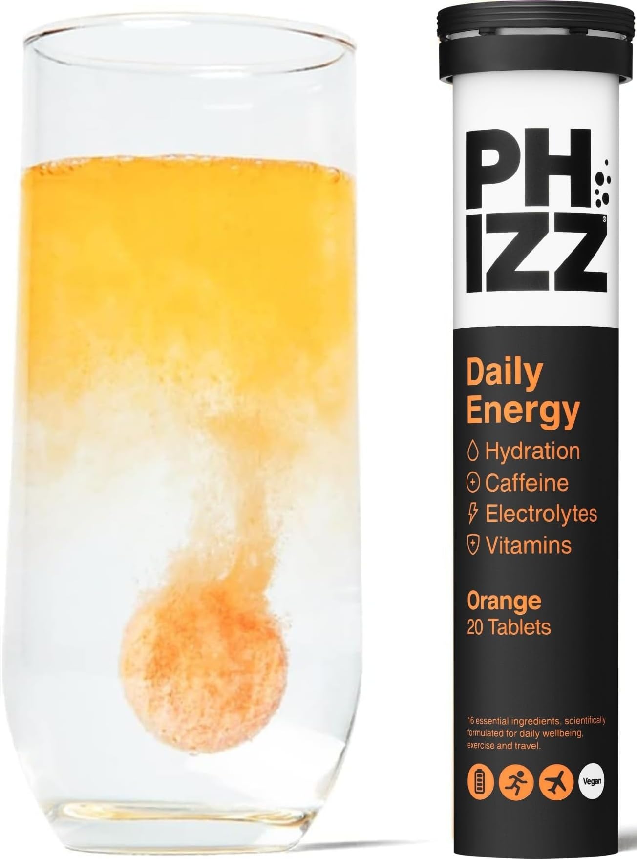 Phizz Daily Energy Orange Hydration, Caffeine, Electrolytes & Vitamins Effervescent Tablets X 20