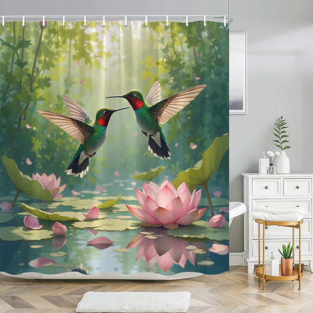 GLWDMB 1 Piece 150x180CM Hummingbird and Lotus Flower Printed Shower Curtain With Hook, Polyester, for Windows And Walls, Bathtub, Bathroom, Machine Washable, All Season Universal