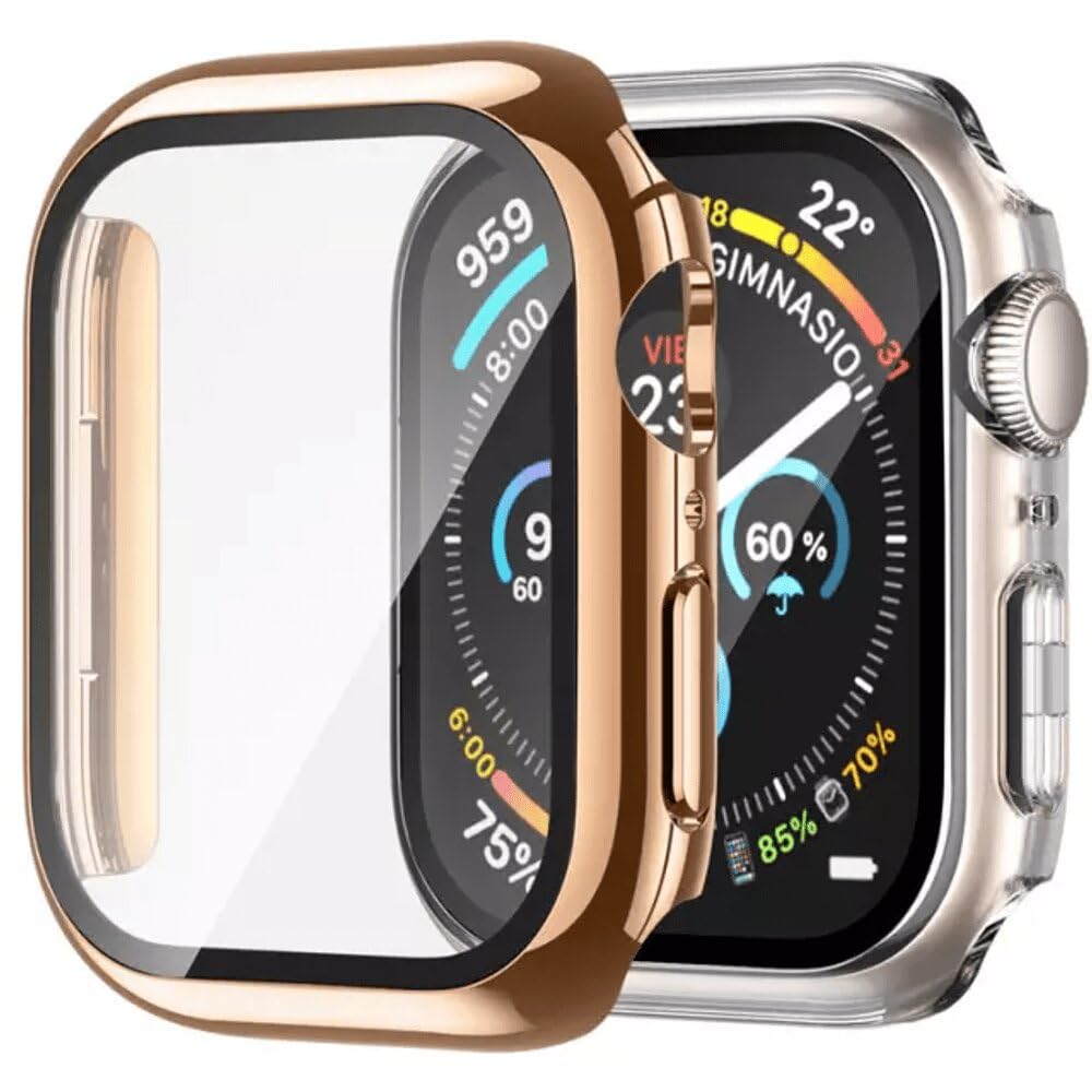 picau- pau Hard PC Case Compatible for Apple Watch 45mm Series 9/8 / 7, Built in 9H Tempered Glass Screen Protector, Touch Sensitive Full Protective Cover (Gold)
