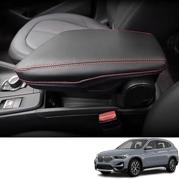Custom Interior Accessories for BMW X2 2018 2019 2020 2021 2022 2023 X1 2016-2022 Leather Center Armrest Box Cover Armrest Cushion Central Armrest Protector PadBlack with Red Stitching